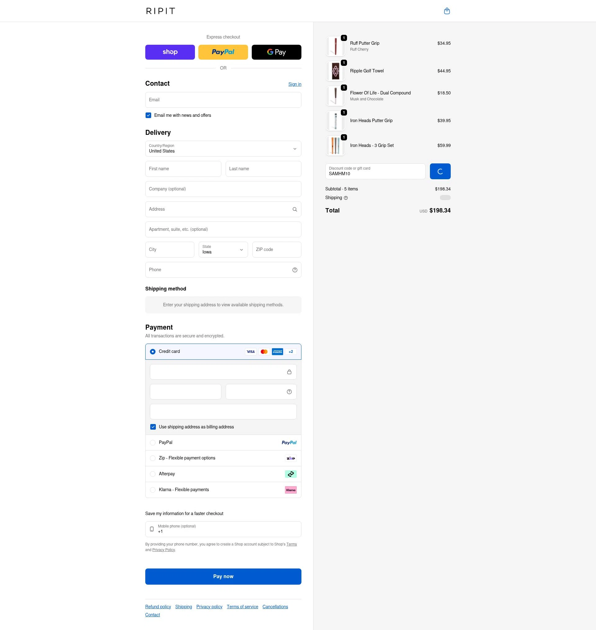 Ripit Grips checkout page showing Ripit Grips discount code box | Screenshot taken by SimplyCodes community member on Feb 9, 2026