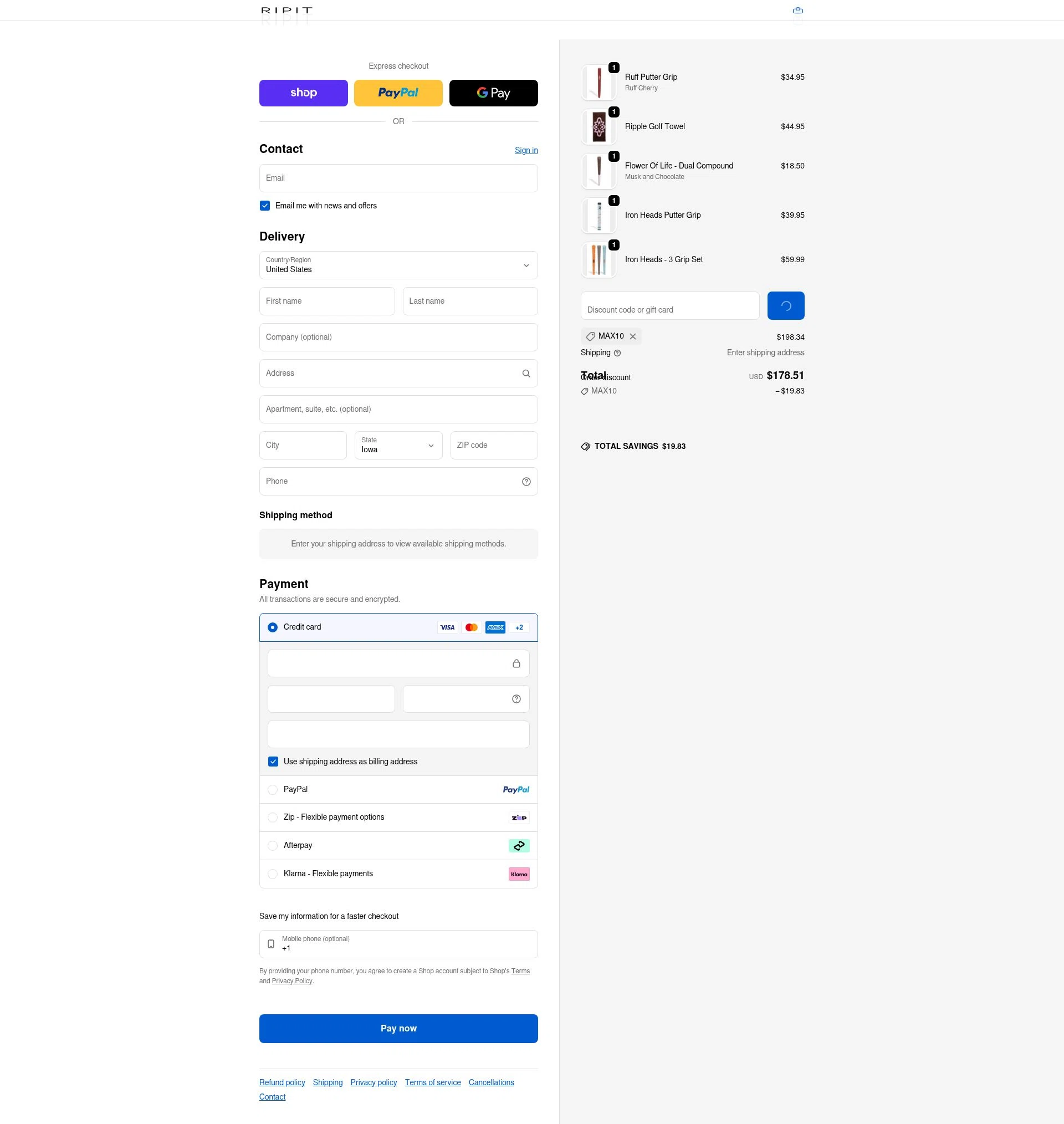Ripit Grips checkout page showing Ripit Grips discount code box | Screenshot taken by SimplyCodes community member on Feb 9, 2026