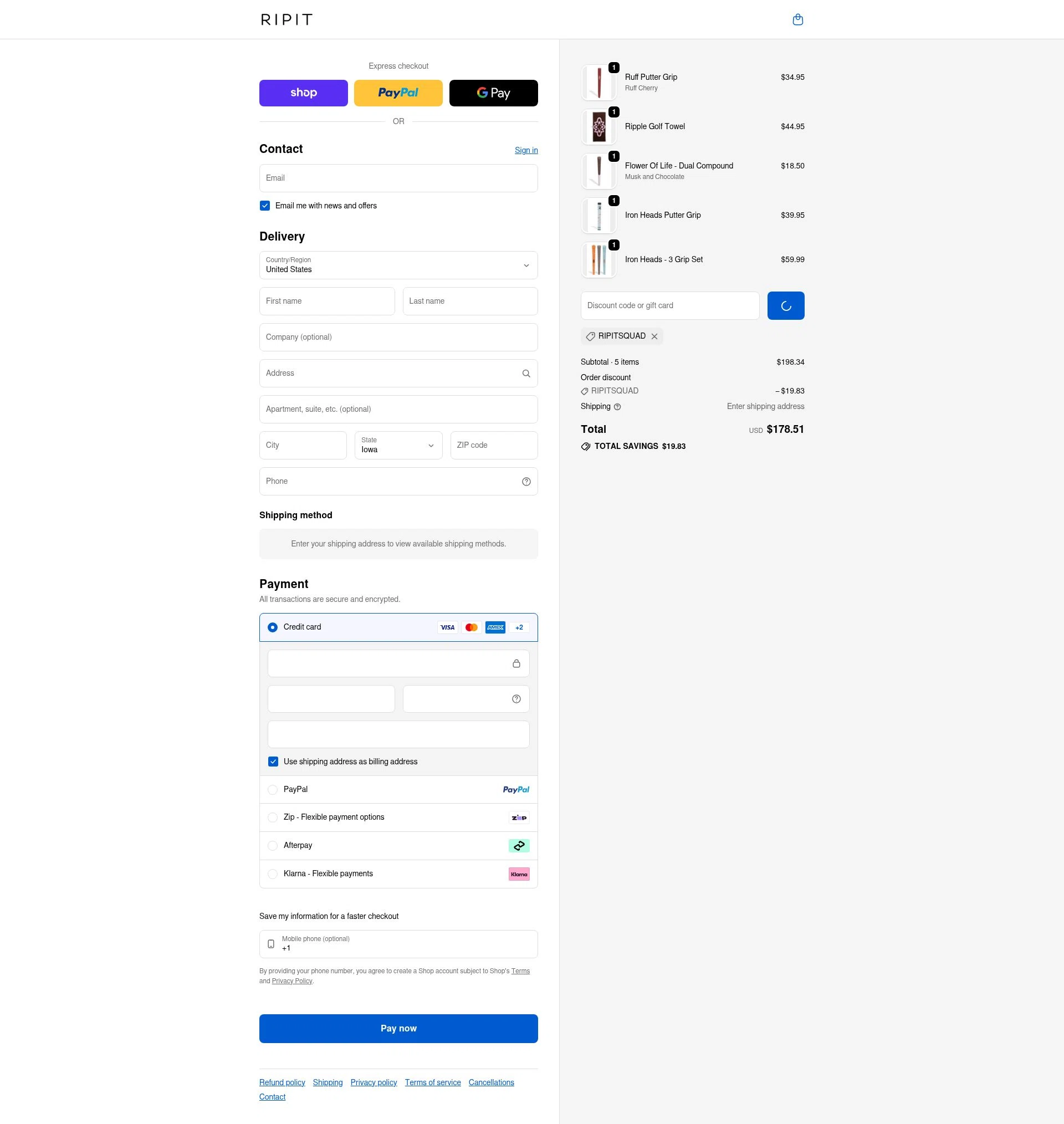 Ripit Grips checkout page showing Ripit Grips discount code box | Screenshot taken by SimplyCodes community member on Feb 9, 2026