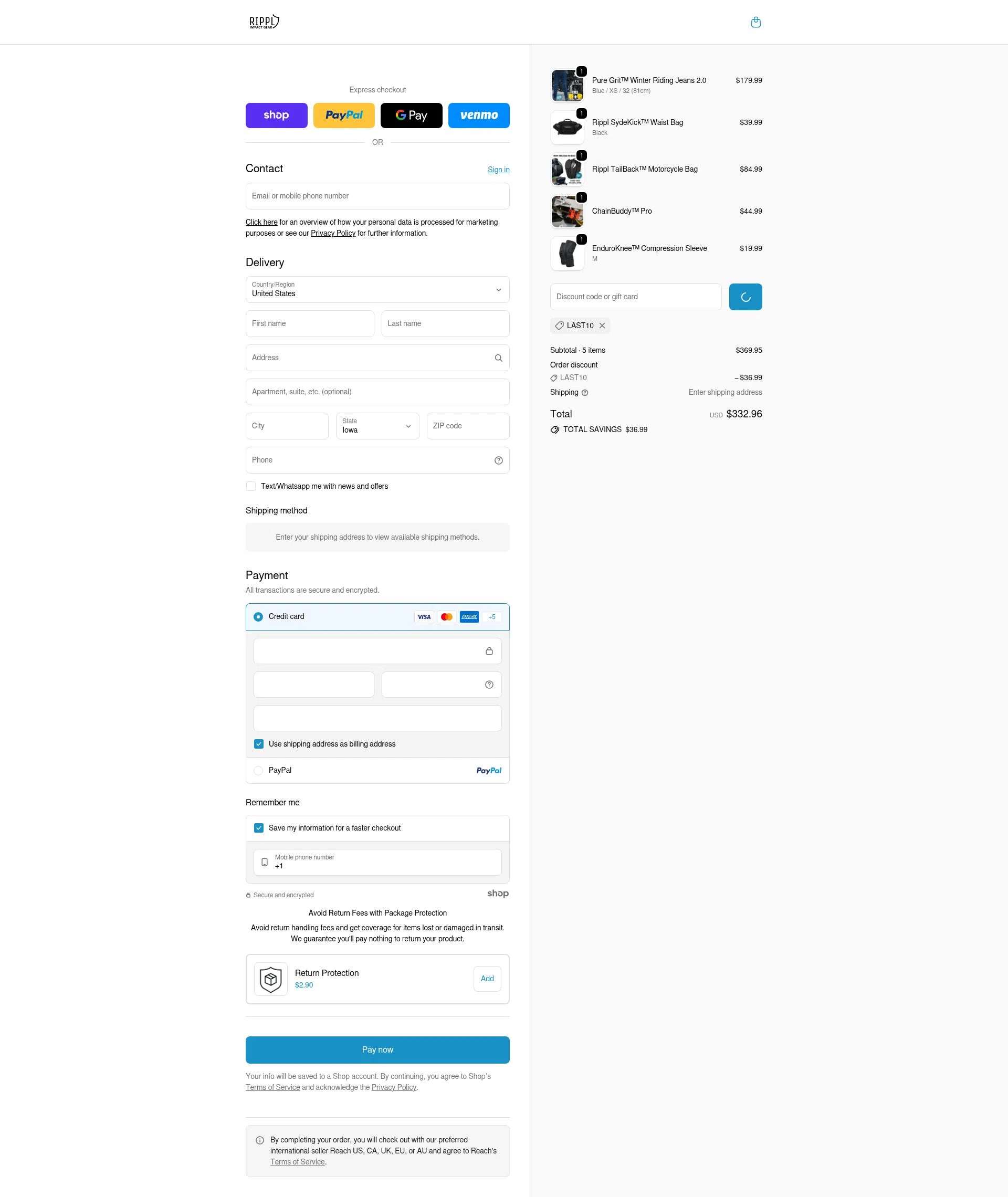 Rippl Impact Gear checkout page showing Rippl Impact Gear discount code box | Screenshot taken by SimplyCodes community member on Jan 11, 2026