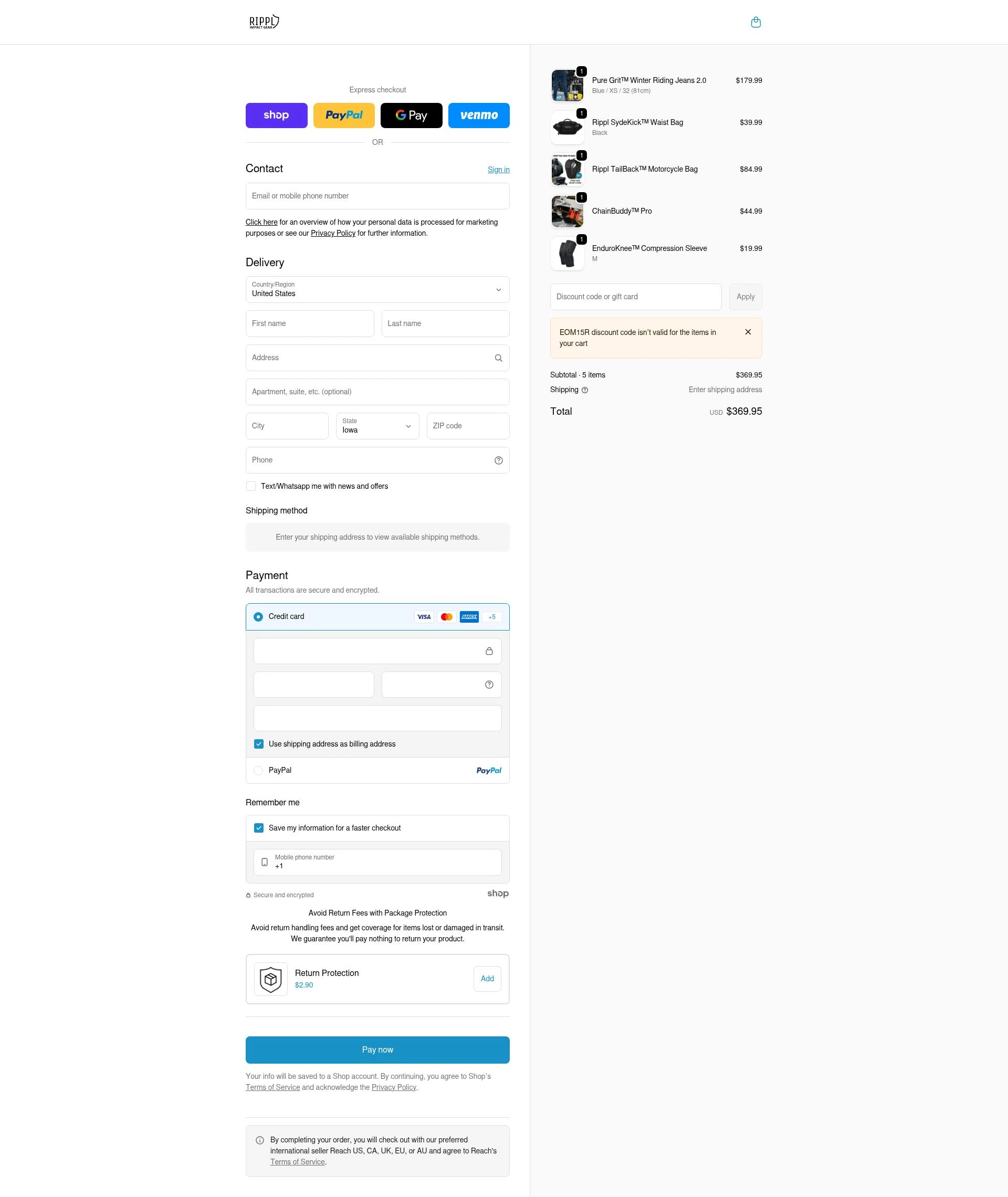 Rippl Impact Gear checkout page showing Rippl Impact Gear discount code box | Screenshot taken by SimplyCodes community member on Jan 11, 2026