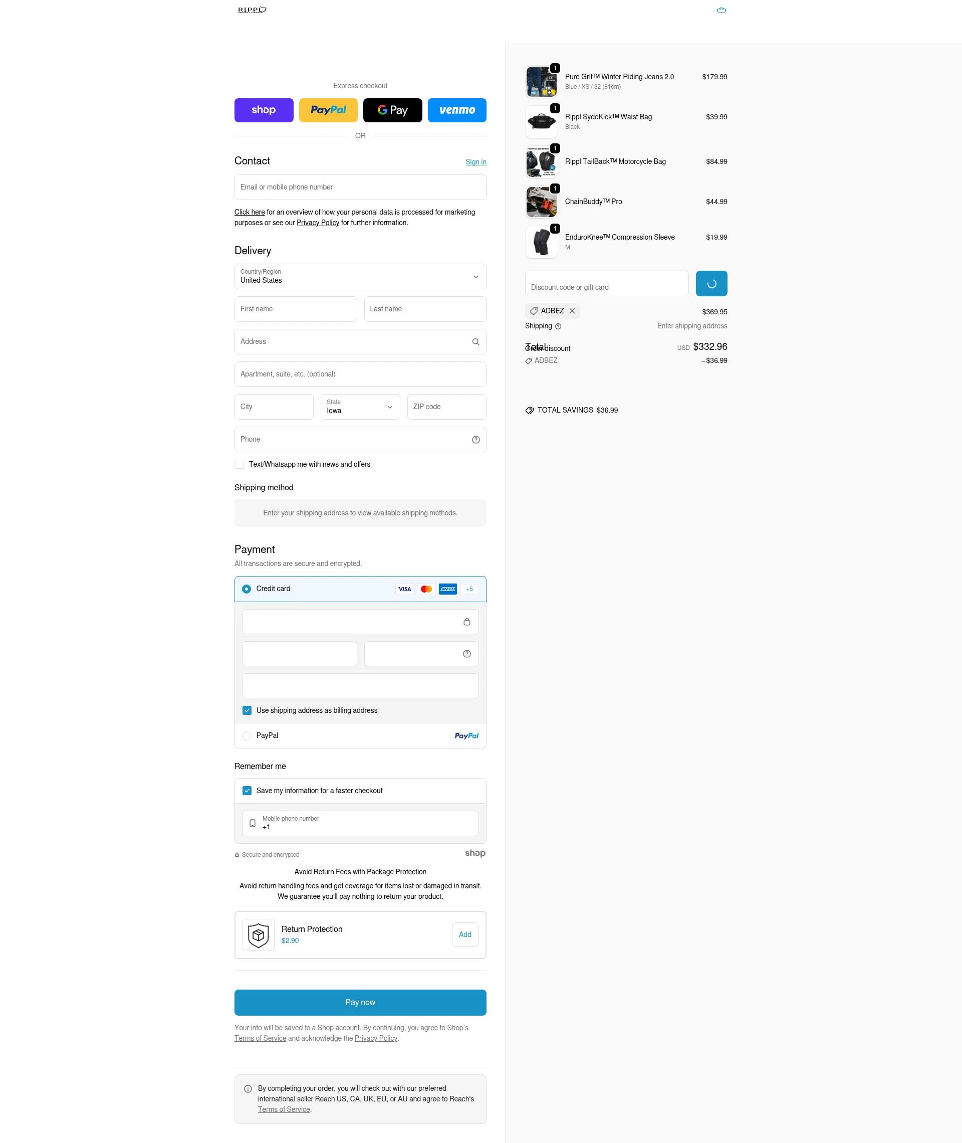 Rippl Impact Gear checkout page showing Rippl Impact Gear discount code box | Screenshot taken by SimplyCodes community member on Jan 11, 2026