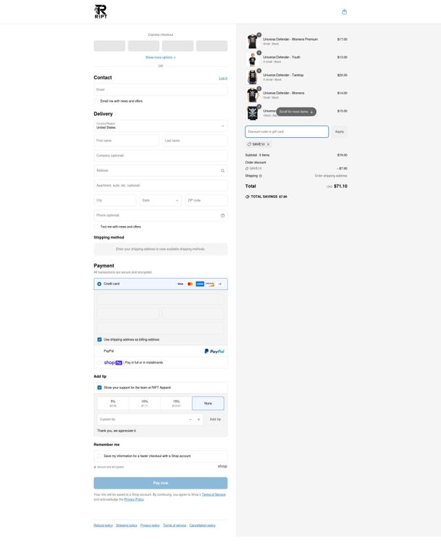 RIPT Apparel checkout page showing RIPT Apparel promo code box | Screenshot taken by SimplyCodes community member on Apr 9, 2025