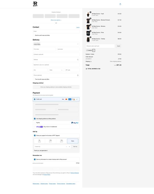 RIPT Apparel checkout page showing RIPT Apparel promo code box | Screenshot taken by SimplyCodes community member on Mar 11, 2025