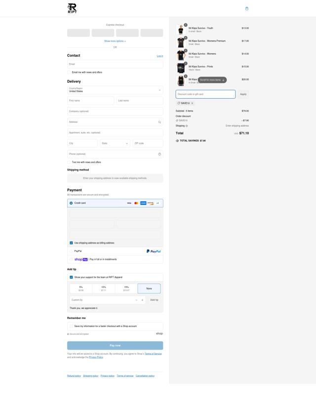RIPT Apparel checkout page showing RIPT Apparel promo code box | Screenshot taken by SimplyCodes community member on Mar 10, 2025