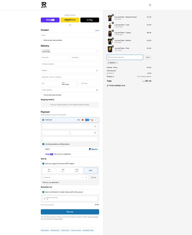 RIPT Apparel checkout page showing RIPT Apparel promo code box | Screenshot taken by SimplyCodes community member on May 16, 2025