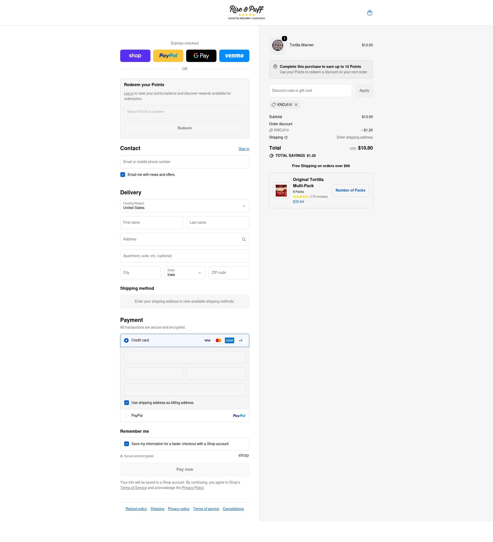 Rise & Puff Tortillas checkout page showing Rise & Puff Tortillas promo code box | Screenshot taken by SimplyCodes community member on Dec 5, 2025