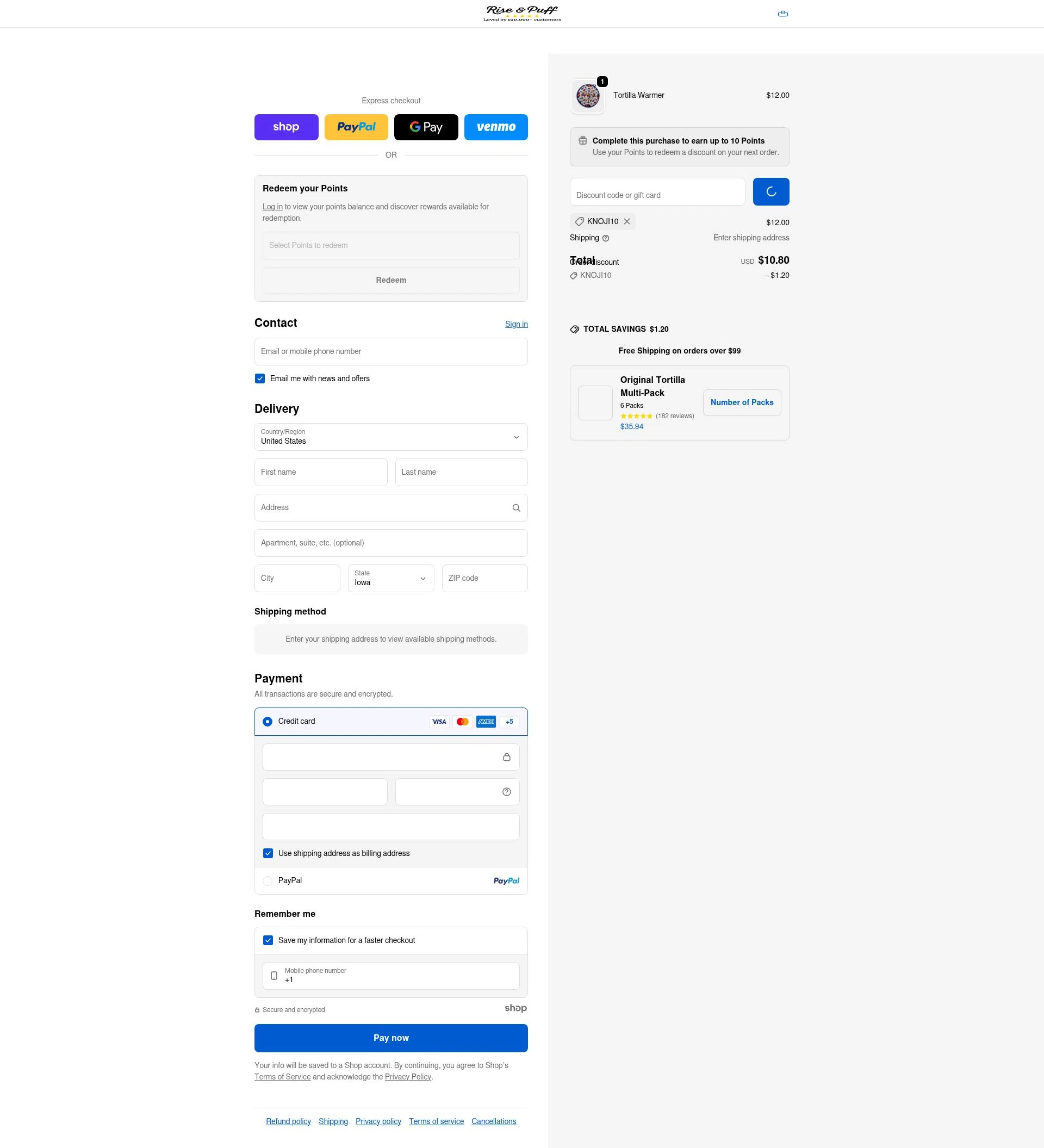 Rise & Puff Tortillas checkout page showing Rise & Puff Tortillas promo code box | Screenshot taken by SimplyCodes community member on Dec 28, 2025