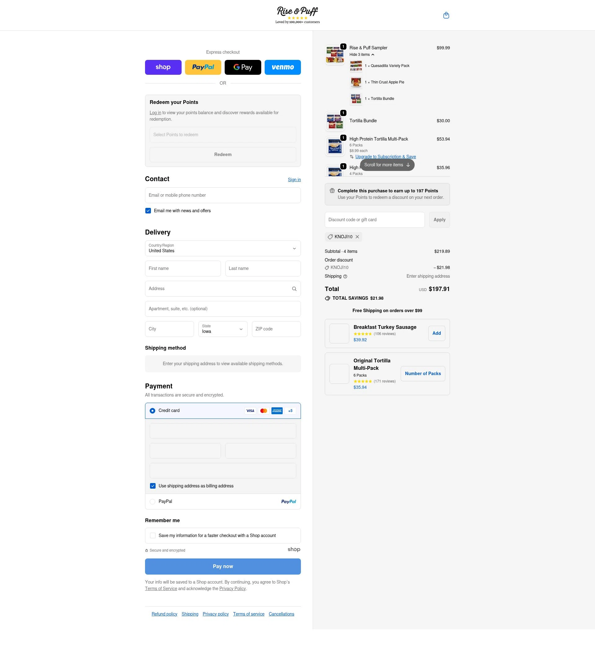 Rise & Puff Tortillas checkout page showing Rise & Puff Tortillas promo code box | Screenshot taken by SimplyCodes community member on Nov 20, 2025