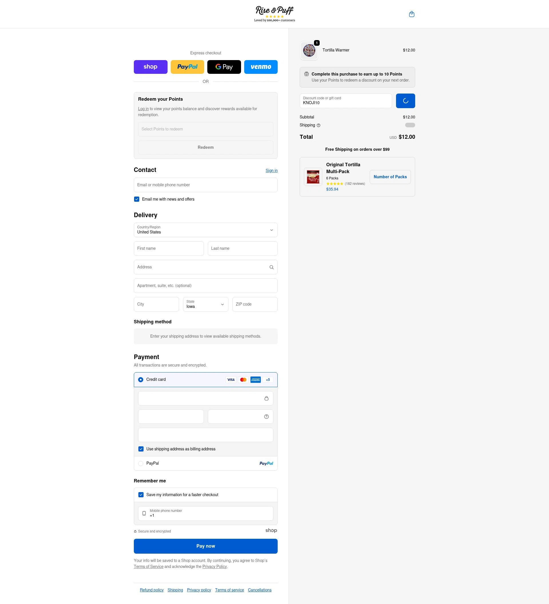 Rise & Puff Tortillas checkout page showing Rise & Puff Tortillas promo code box | Screenshot taken by SimplyCodes community member on Dec 24, 2025