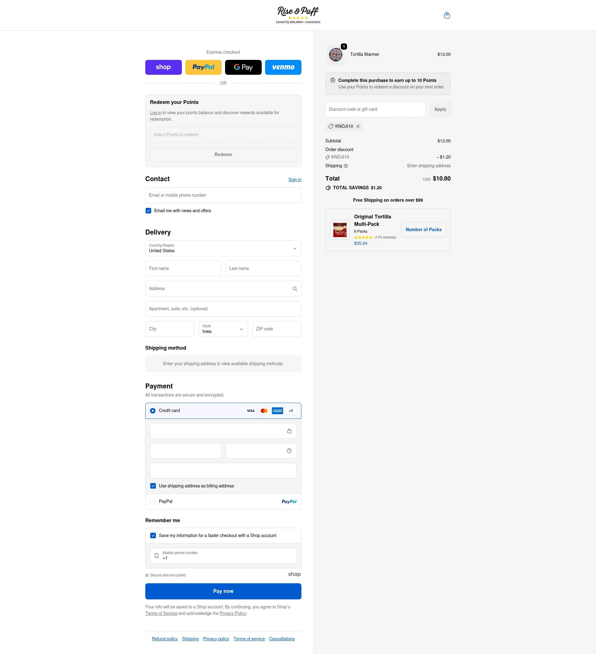 Rise & Puff Tortillas checkout page showing Rise & Puff Tortillas promo code box | Screenshot taken by SimplyCodes community member on Nov 25, 2025