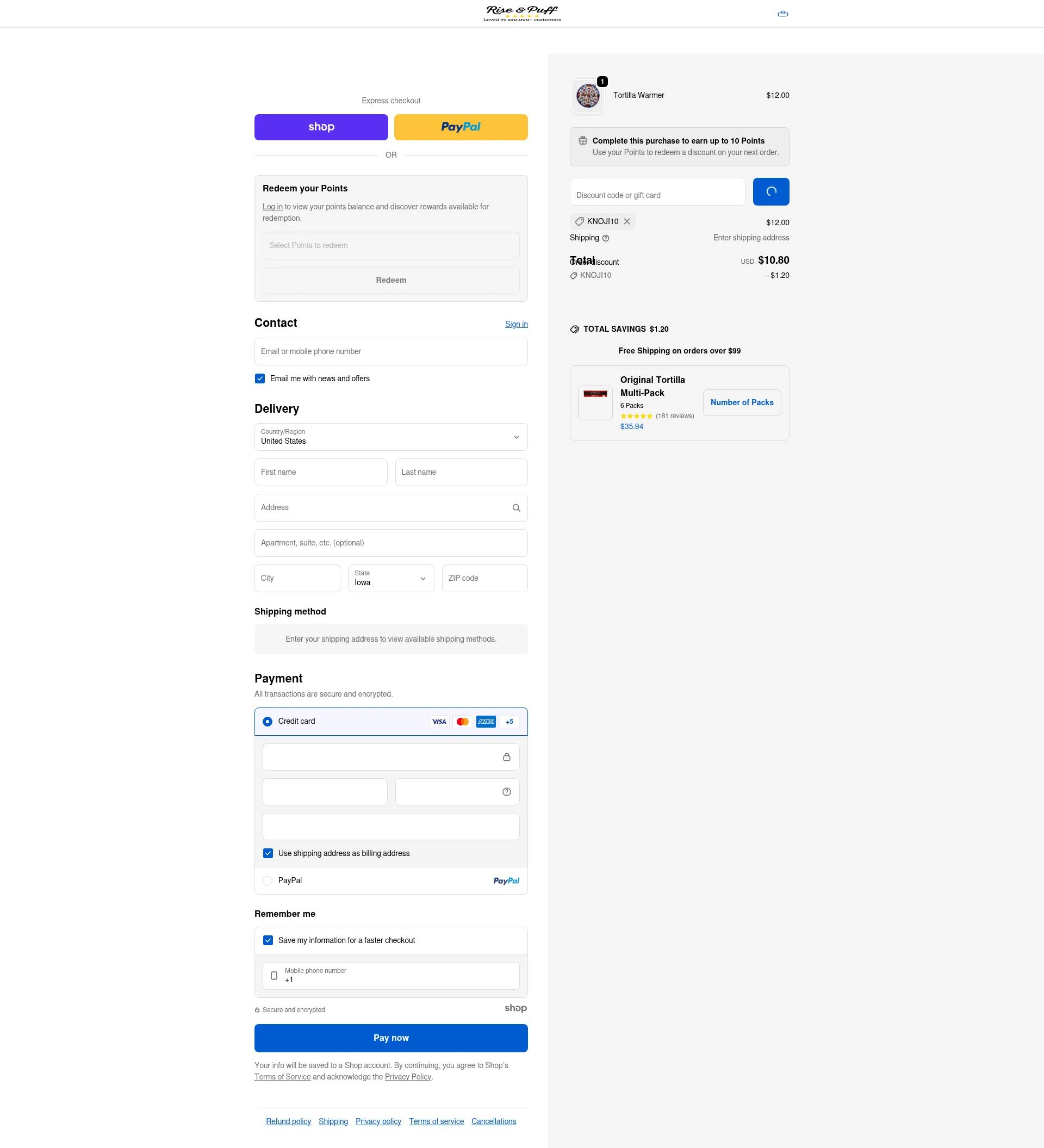 Rise & Puff Tortillas checkout page showing Rise & Puff Tortillas promo code box | Screenshot taken by SimplyCodes community member on Dec 17, 2025