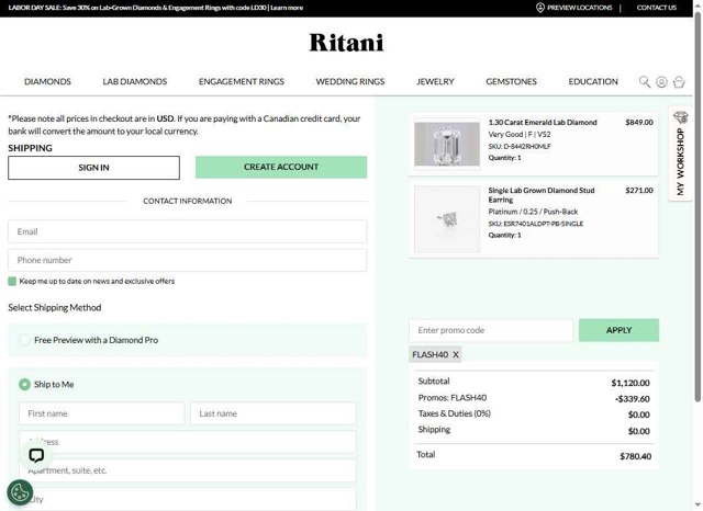 Ritani checkout page showing Ritani promo code box | Screenshot taken by SimplyCodes community member on Aug 23, 2025