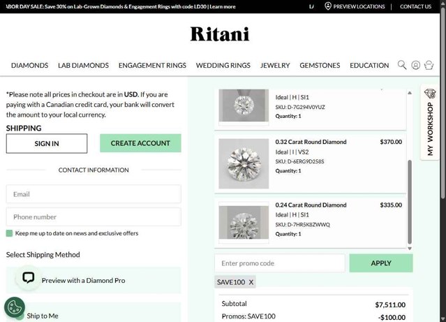Ritani checkout page showing Ritani promo code box | Screenshot taken by SimplyCodes community member on Aug 23, 2025