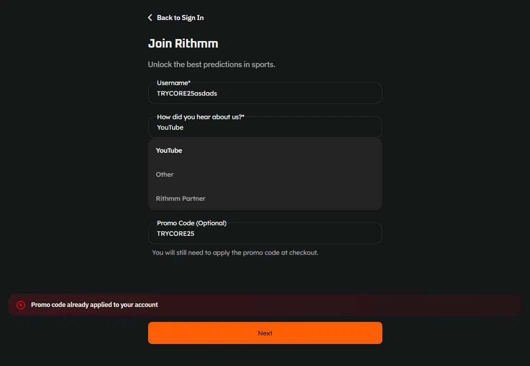 Rithmm AI checkout page showing Rithmm AI promo code box | Screenshot taken by SimplyCodes community member on Jan 5, 2026