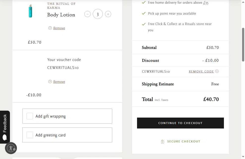 Rituals checkout page showing Rituals coupon code box | Screenshot taken by SimplyCodes community member on Aug 25, 2025