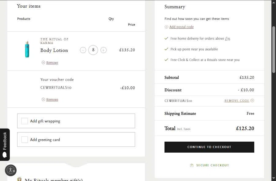 Rituals checkout page showing Rituals coupon code box | Screenshot taken by SimplyCodes community member on Aug 6, 2025