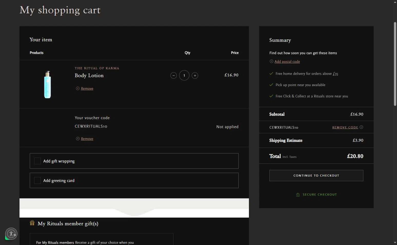 Rituals checkout page showing Rituals coupon code box | Screenshot taken by SimplyCodes community member on Aug 30, 2025
