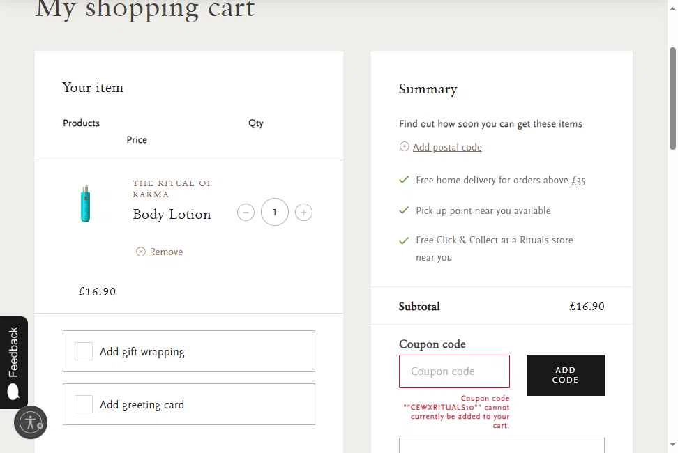 Rituals checkout page showing Rituals coupon code box | Screenshot taken by SimplyCodes community member on Sep 11, 2025