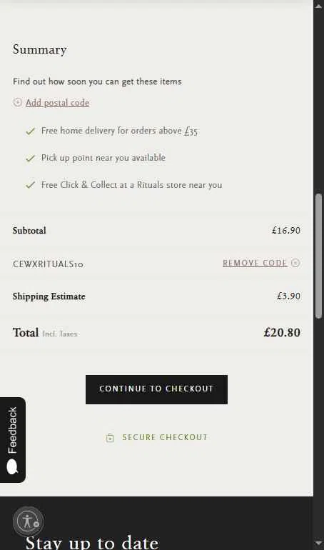 Rituals checkout page showing Rituals coupon code box | Screenshot taken by SimplyCodes community member on Aug 14, 2025