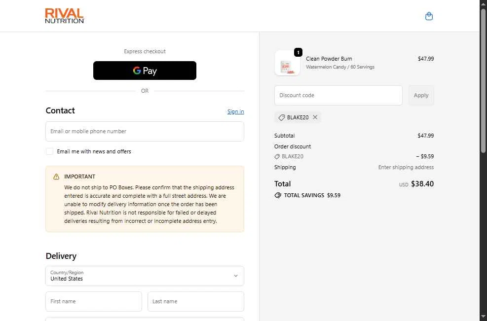 Rival Nutrition checkout page showing Rival Nutrition coupon code box | Screenshot taken by SimplyCodes community member on Nov 11, 2025