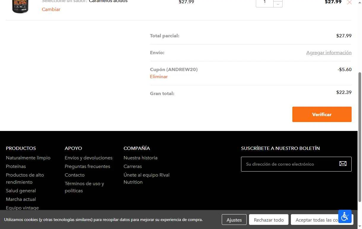 Rival Nutrition checkout page showing Rival Nutrition coupon code box | Screenshot taken by SimplyCodes community member on Jul 19, 2025