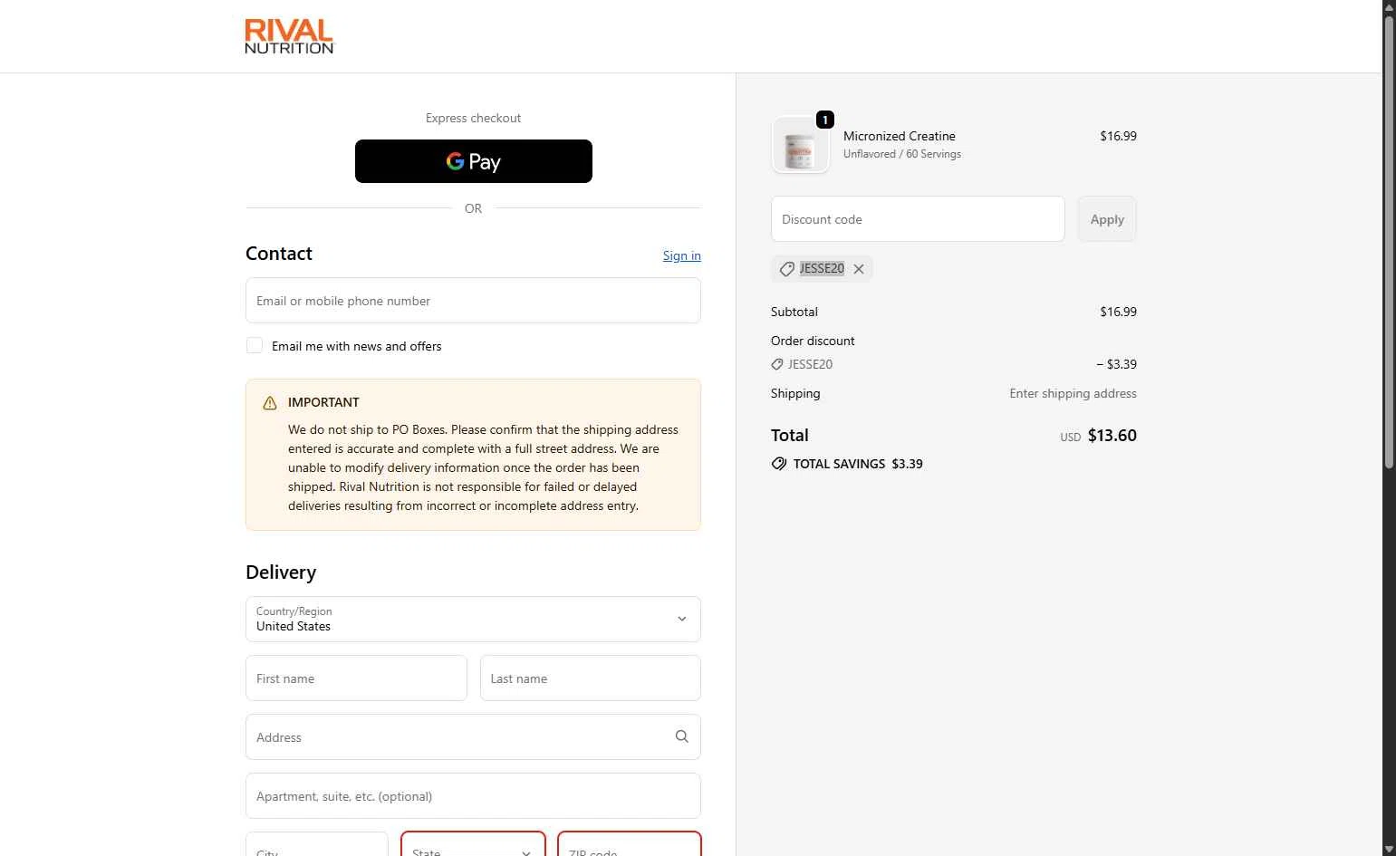 Rival Nutrition checkout page showing Rival Nutrition coupon code box | Screenshot taken by SimplyCodes community member on Sep 24, 2025