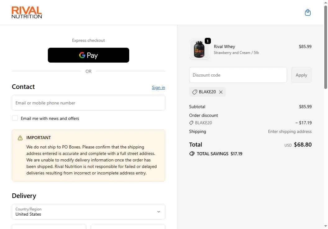 Rival Nutrition checkout page showing Rival Nutrition coupon code box | Screenshot taken by SimplyCodes community member on Oct 13, 2025
