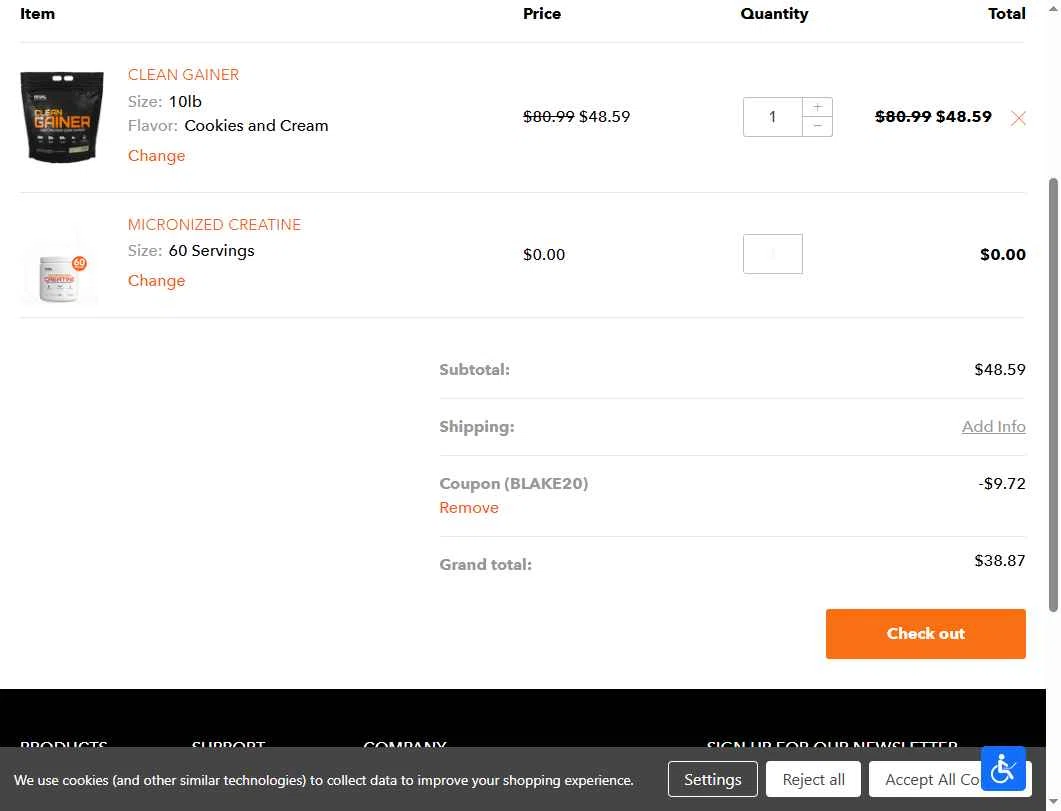 Rival Nutrition checkout page showing Rival Nutrition coupon code box | Screenshot taken by SimplyCodes community member on Aug 16, 2025
