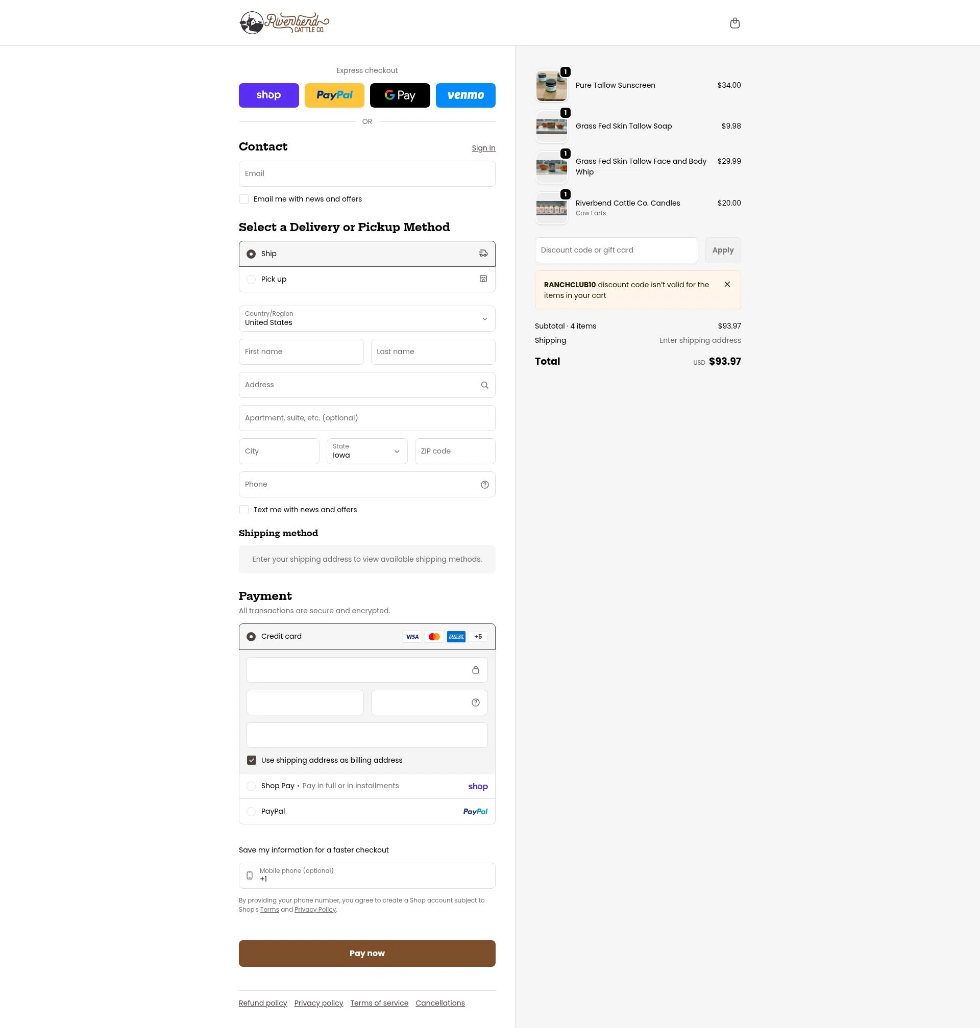 Riverbend Ranch checkout page showing Riverbend Ranch promo code box | Screenshot taken by SimplyCodes community member on Jan 30, 2026