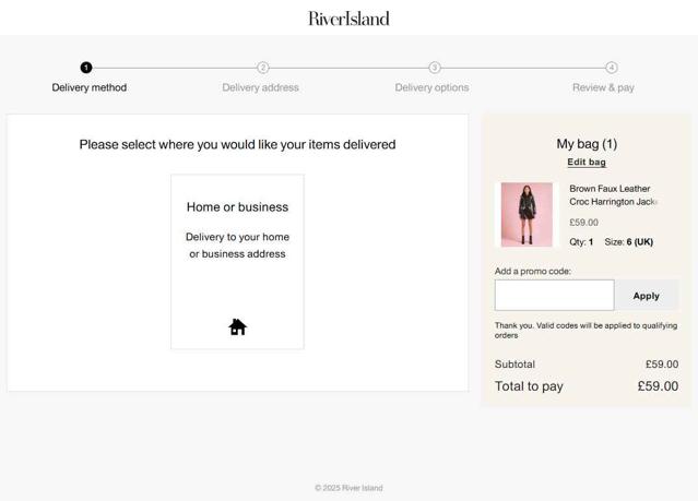 River Island checkout page showing River Island discount code box | Screenshot taken by SimplyCodes community member on Sep 7, 2025