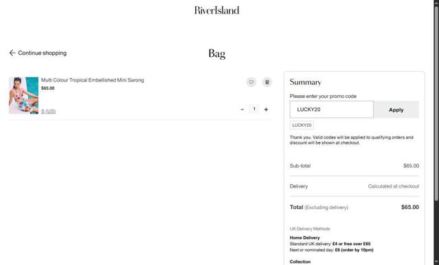 River Island checkout page showing River Island discount code box | Screenshot taken by SimplyCodes community member on Aug 23, 2025