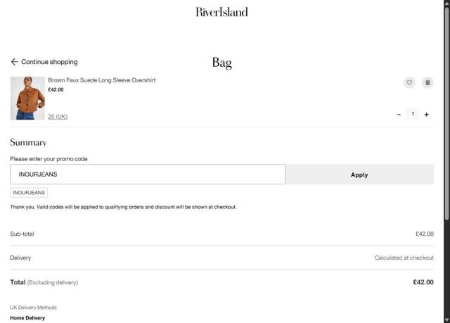 River Island checkout page showing River Island discount code box | Screenshot taken by SimplyCodes community member on Aug 30, 2025