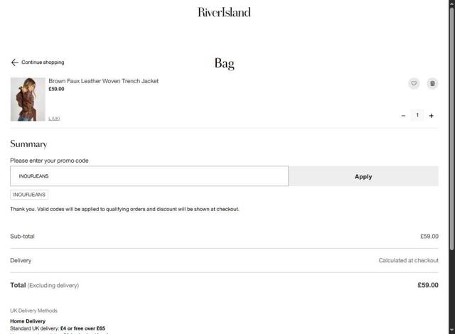 River Island checkout page showing River Island discount code box | Screenshot taken by SimplyCodes community member on Sep 4, 2025