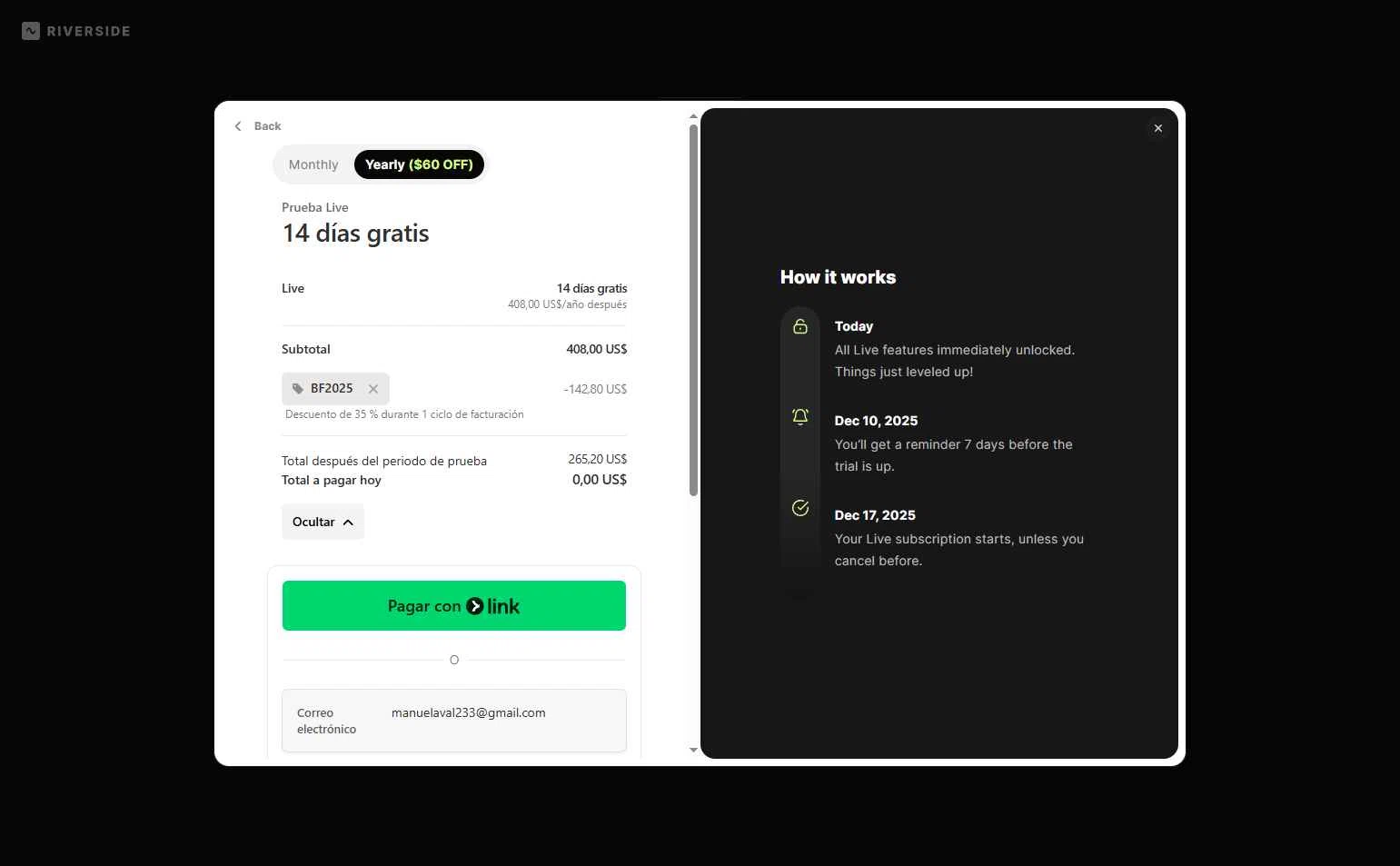 Riverside checkout page showing Riverside promo code box | Screenshot taken by SimplyCodes community member on Dec 3, 2025
