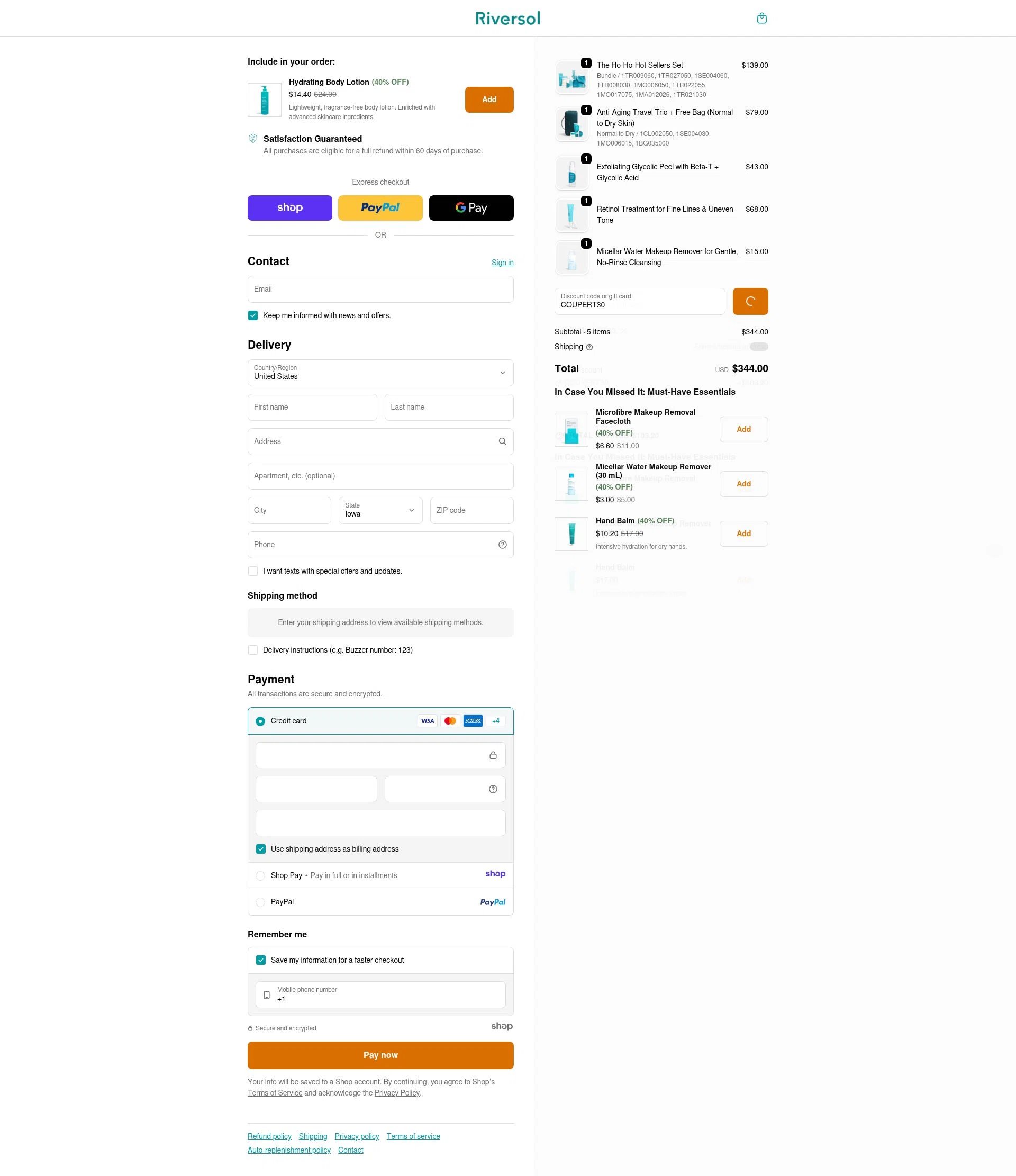 Riversol checkout page showing Riversol coupon code box | Screenshot taken by SimplyCodes community member on Dec 28, 2025