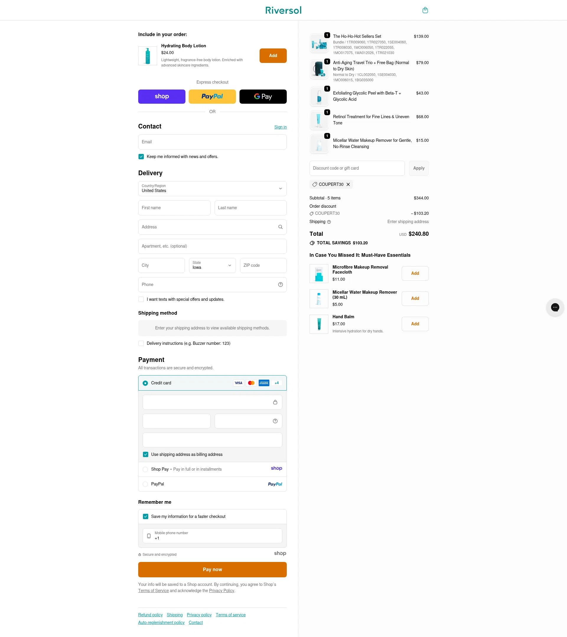 Riversol checkout page showing Riversol coupon code box | Screenshot taken by SimplyCodes community member on Dec 23, 2025