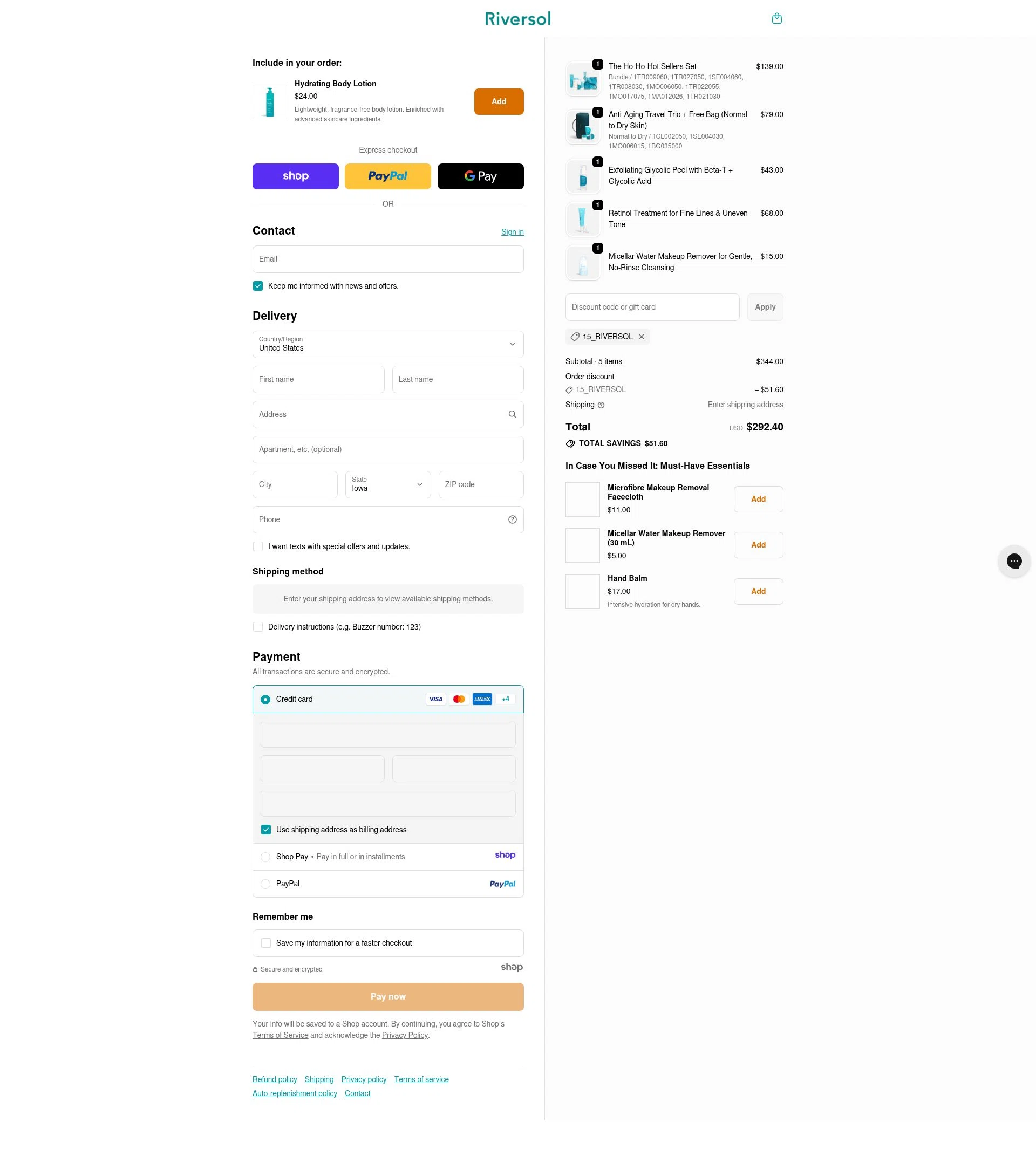 Riversol checkout page showing Riversol coupon code box | Screenshot taken by SimplyCodes community member on Dec 23, 2025
