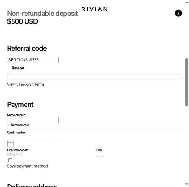 Rivian checkout page showing Rivian discount code box | Screenshot taken by SimplyCodes community member on Jun 26, 2025