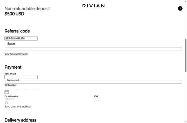 Rivian checkout page showing Rivian discount code box | Screenshot taken by SimplyCodes community member on Aug 22, 2025