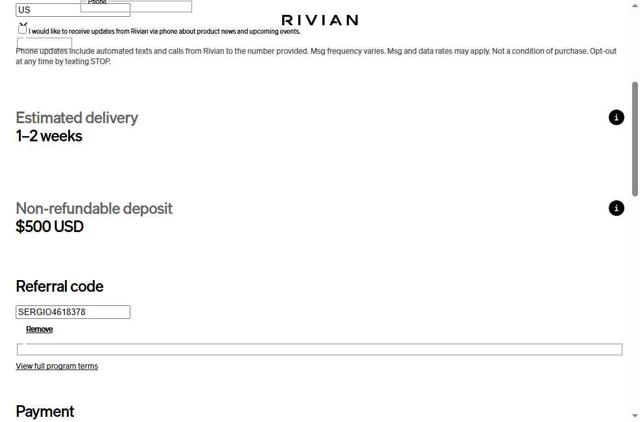 Rivian checkout page showing Rivian discount code box | Screenshot taken by SimplyCodes community member on May 27, 2025
