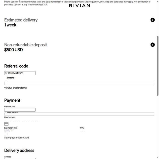 Rivian checkout page showing Rivian discount code box | Screenshot taken by SimplyCodes community member on Aug 10, 2025