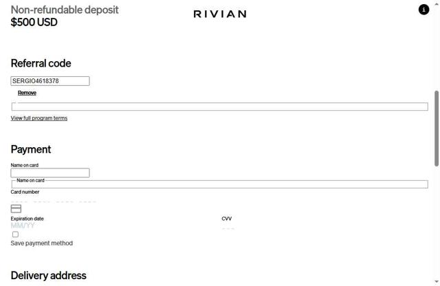 Rivian checkout page showing Rivian discount code box | Screenshot taken by SimplyCodes community member on May 18, 2025