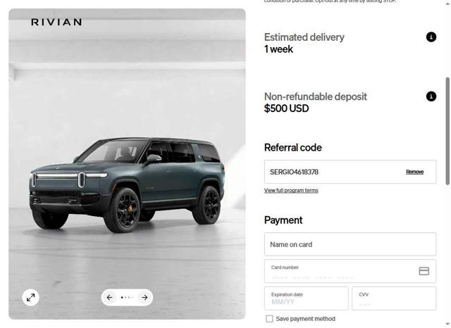 Rivian checkout page showing Rivian discount code box | Screenshot taken by SimplyCodes community member on Apr 22, 2025