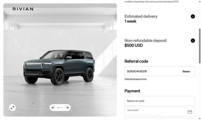 Rivian checkout page showing Rivian discount code box | Screenshot taken by SimplyCodes community member on Jul 25, 2025