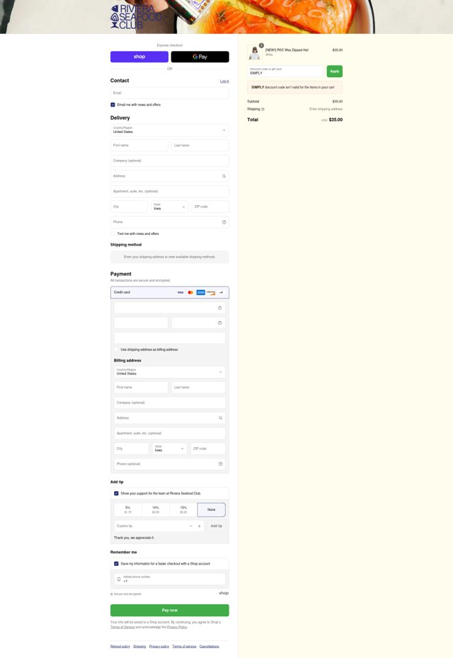 Riviera Seafood Club checkout page showing Riviera Seafood Club promo code box | Screenshot taken by SimplyCodes community member on Sep 7, 2025