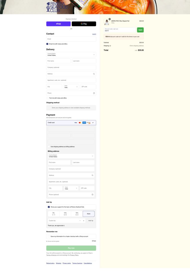 Riviera Seafood Club checkout page showing Riviera Seafood Club promo code box | Screenshot taken by SimplyCodes community member on Sep 7, 2025