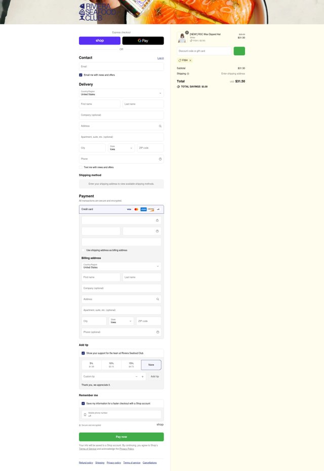 Riviera Seafood Club checkout page showing Riviera Seafood Club promo code box | Screenshot taken by SimplyCodes community member on Sep 7, 2025