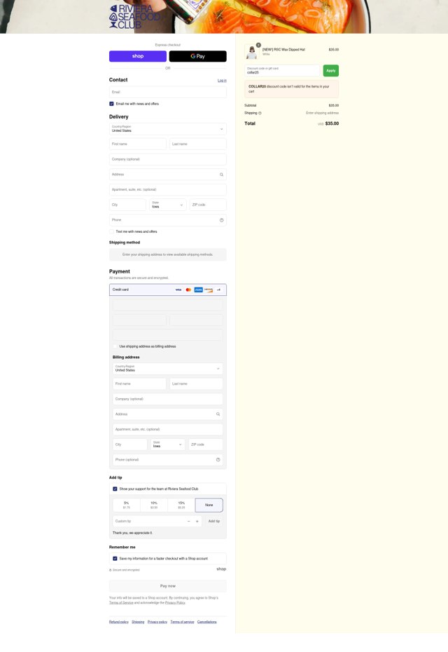 Riviera Seafood Club checkout page showing Riviera Seafood Club promo code box | Screenshot taken by SimplyCodes community member on Sep 7, 2025