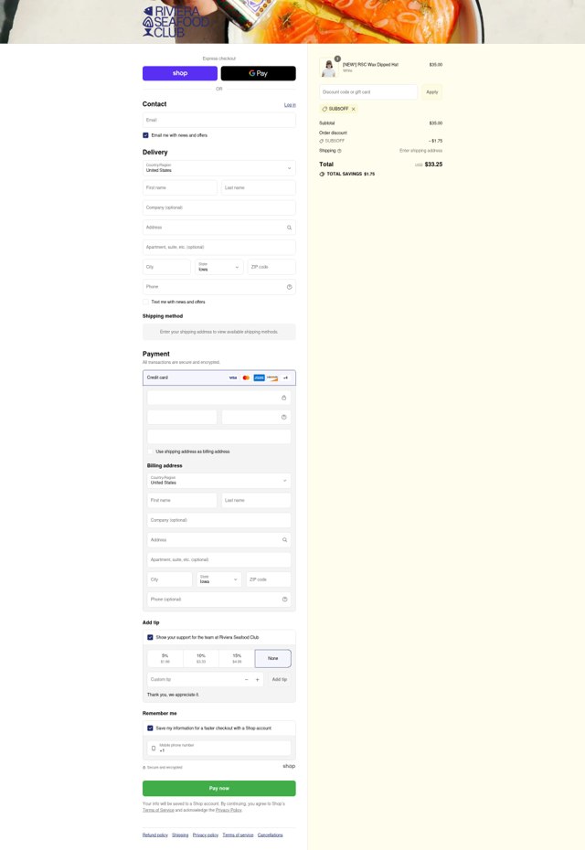 Riviera Seafood Club checkout page showing Riviera Seafood Club promo code box | Screenshot taken by SimplyCodes community member on Sep 7, 2025